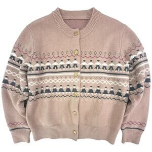 Vintage Fair Isle Cardigan Sweater Women's M Pink Nordic Button Front